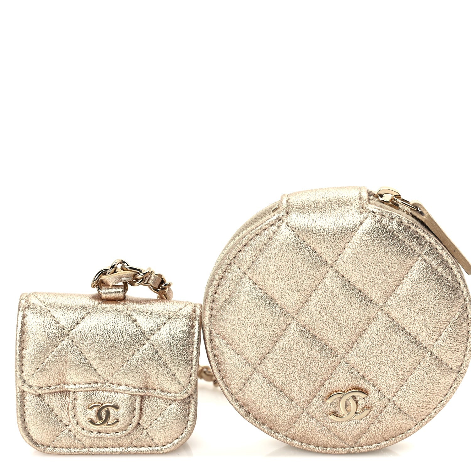 Chanel Metallic Lambskin Quilted Round Clip On Coin Purse Airpods Case  Gold 7 of 9