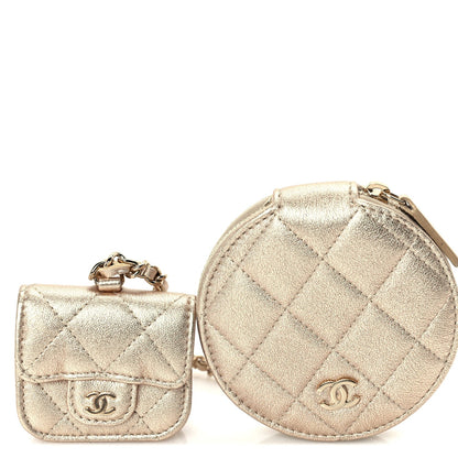 Chanel Metallic Lambskin Quilted Round Clip On Coin Purse Airpods Case  Gold 7 of 9