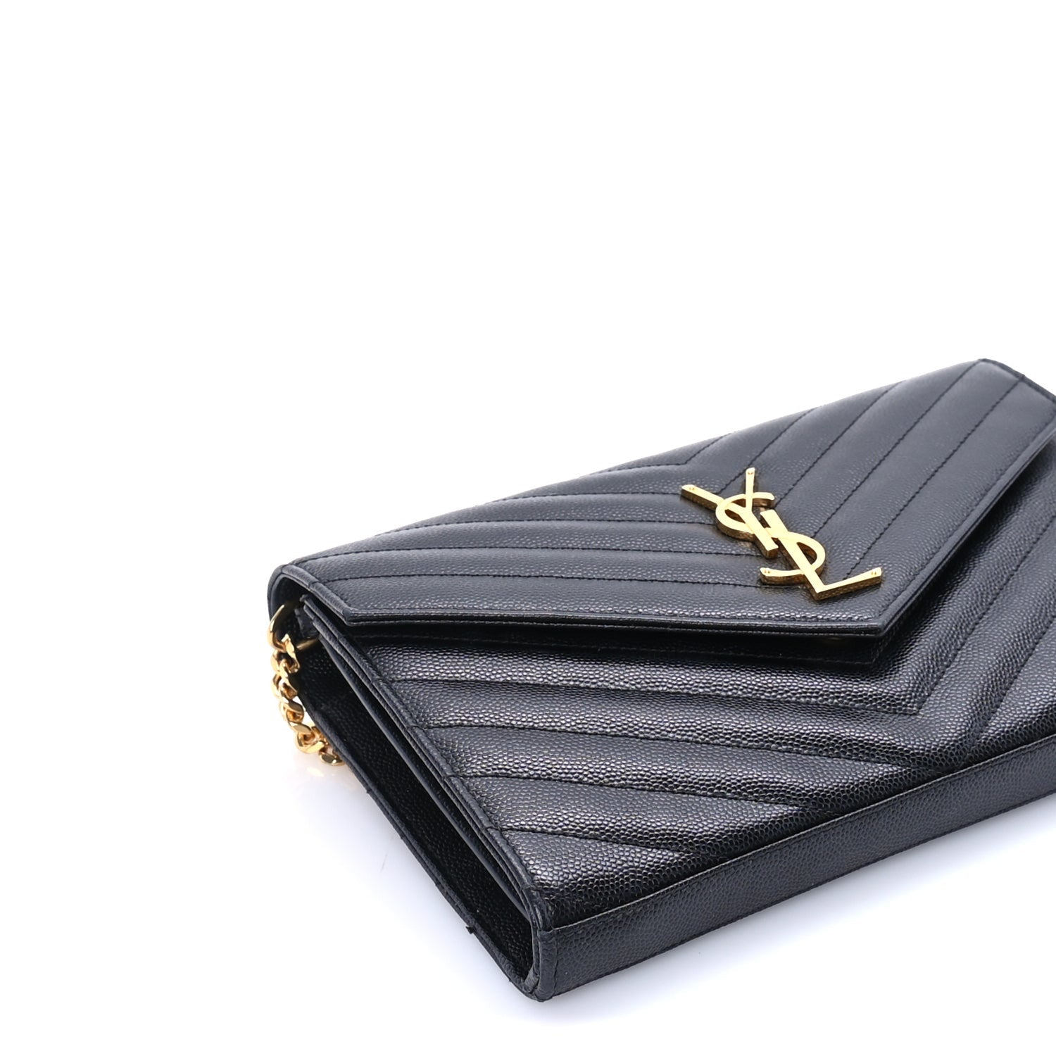 Saint Laurent Grain De Poudre Matelasse Chevron Medium Monogram Chain Wallet  Black 7 of 7