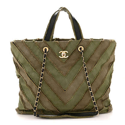Chanel Canvas Chevron Cuba Patchwork Shopper Tote Khaki 1 of 11