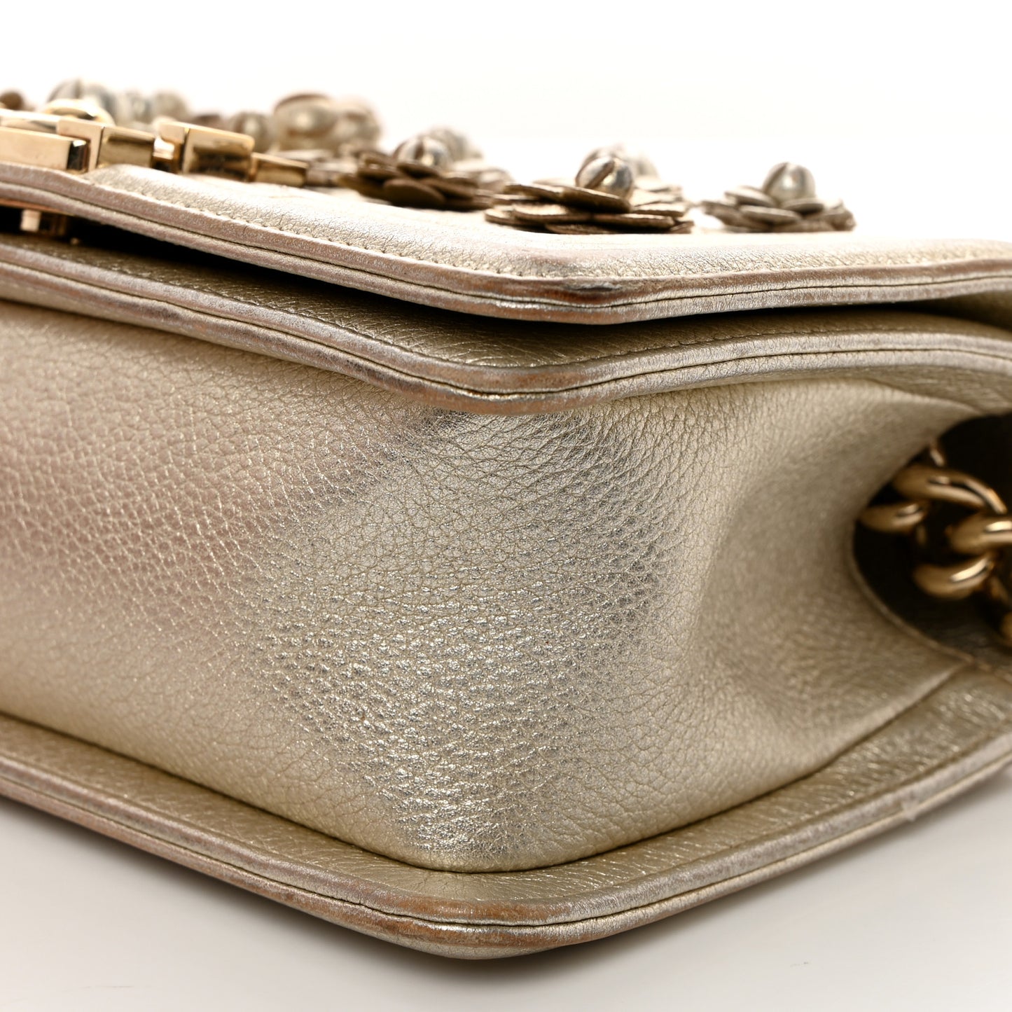 Metallic Calfskin Quilted Camellia Small Boy Flap Gold