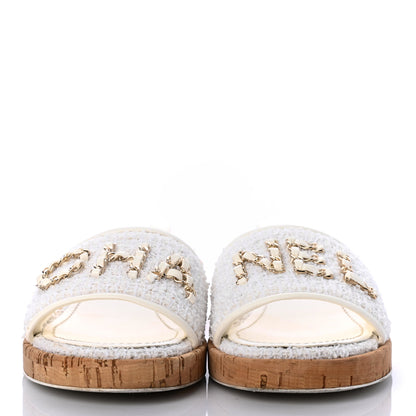 Chanel Tweed Cork CC Chain Mule Sandal 40.5 White 2 of 8
