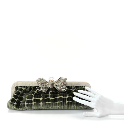 Gucci Velvet Crocodile Mother of Pearl Jacquard Crystal Bow Clutch Green 2 of 9