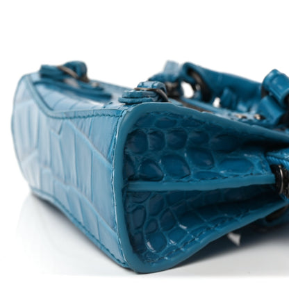Balenciaga Extra Supple Calfskin Crocodile Embossed Neo Classic Silver Hardware Super Nano City Crossbody  Cyan 8 of 8