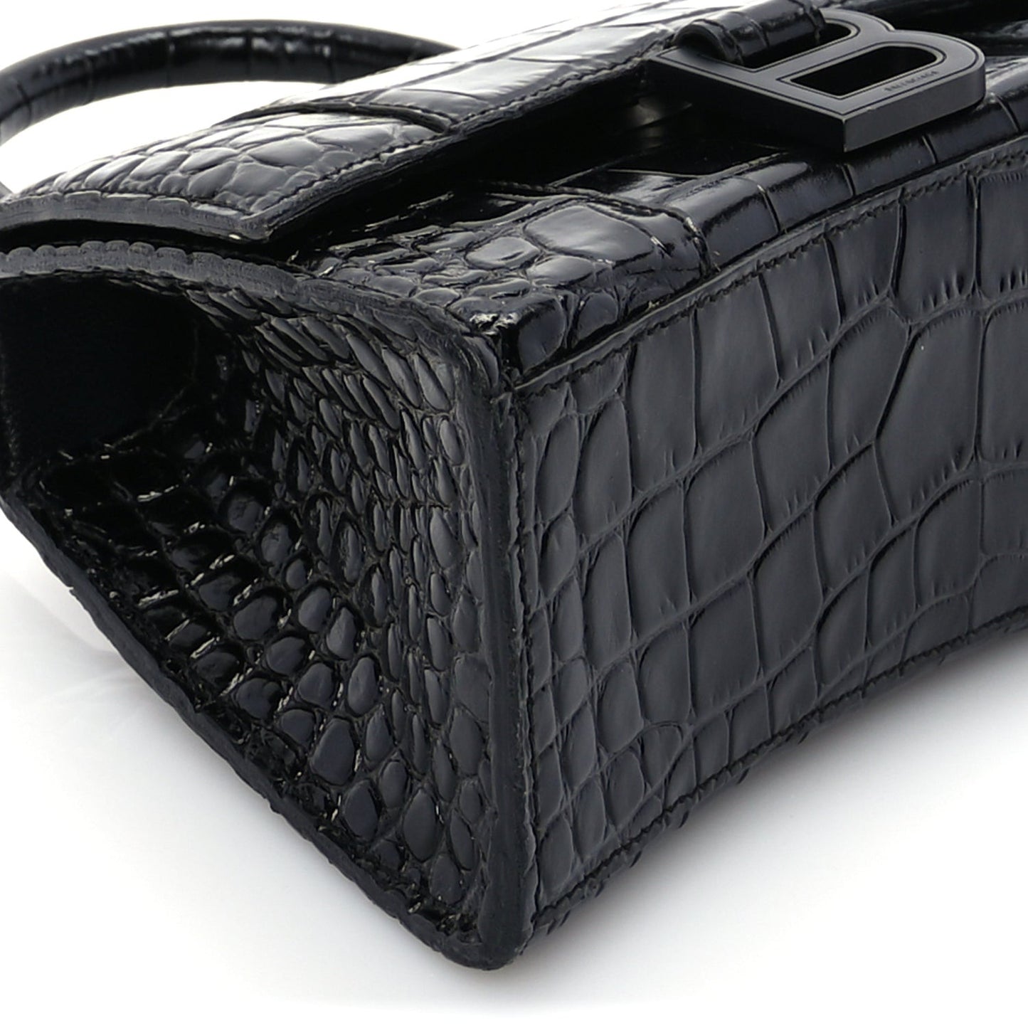 Shiny Calfskin Monochrome Crocodile Embossed Hourglass Top Handle Bag XS Black