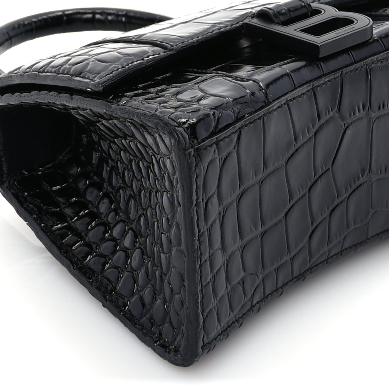 Balenciaga Shiny Calfskin Monochrome Crocodile Embossed Hourglass Top Handle Bag XS Black 7 of 8