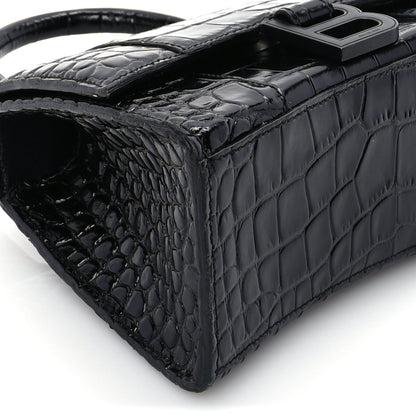 Balenciaga Shiny Calfskin Monochrome Crocodile Embossed Hourglass Top Handle Bag XS Black 7 of 8