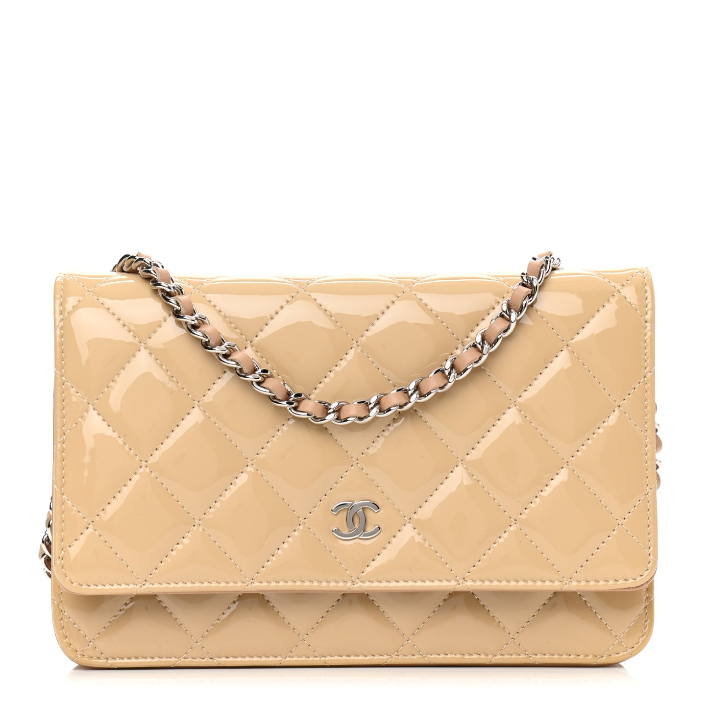 Patent Quilted Wallet On Chain WOC Beige