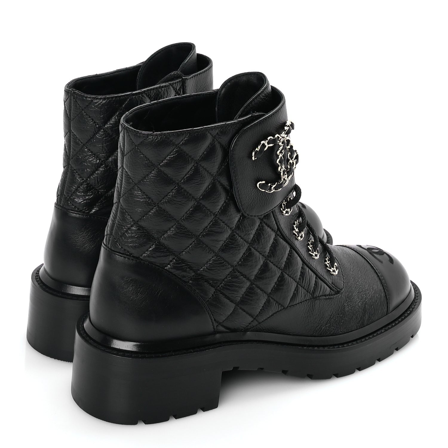 Chanel Shiny Goatskin Calfskin Quilted Lace Up Combat Boots 40 Black 4 of 8