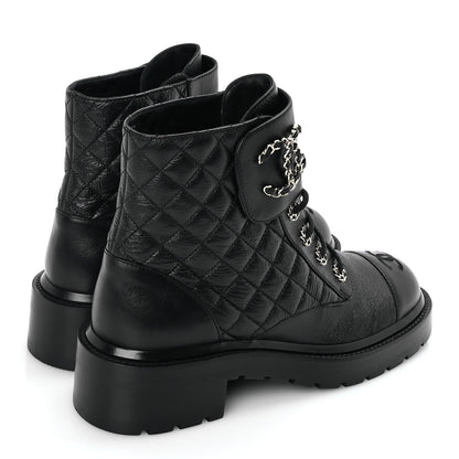 Chanel Shiny Goatskin Calfskin Quilted Lace Up Combat Boots 40 Black 4 of 8