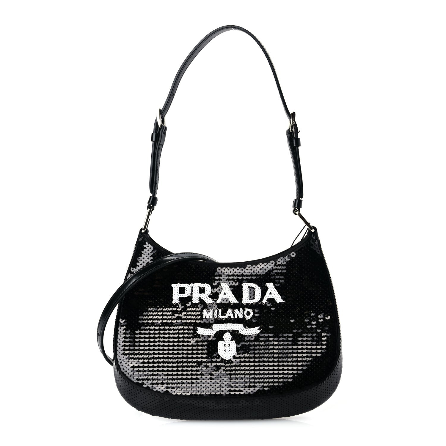 Prada Paillettes Sequin Logo Cleo Adjustable Strap Shoulder Bag Black White 1 of 8