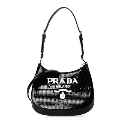 Prada Paillettes Sequin Logo Cleo Adjustable Strap Shoulder Bag Black White 1 of 8