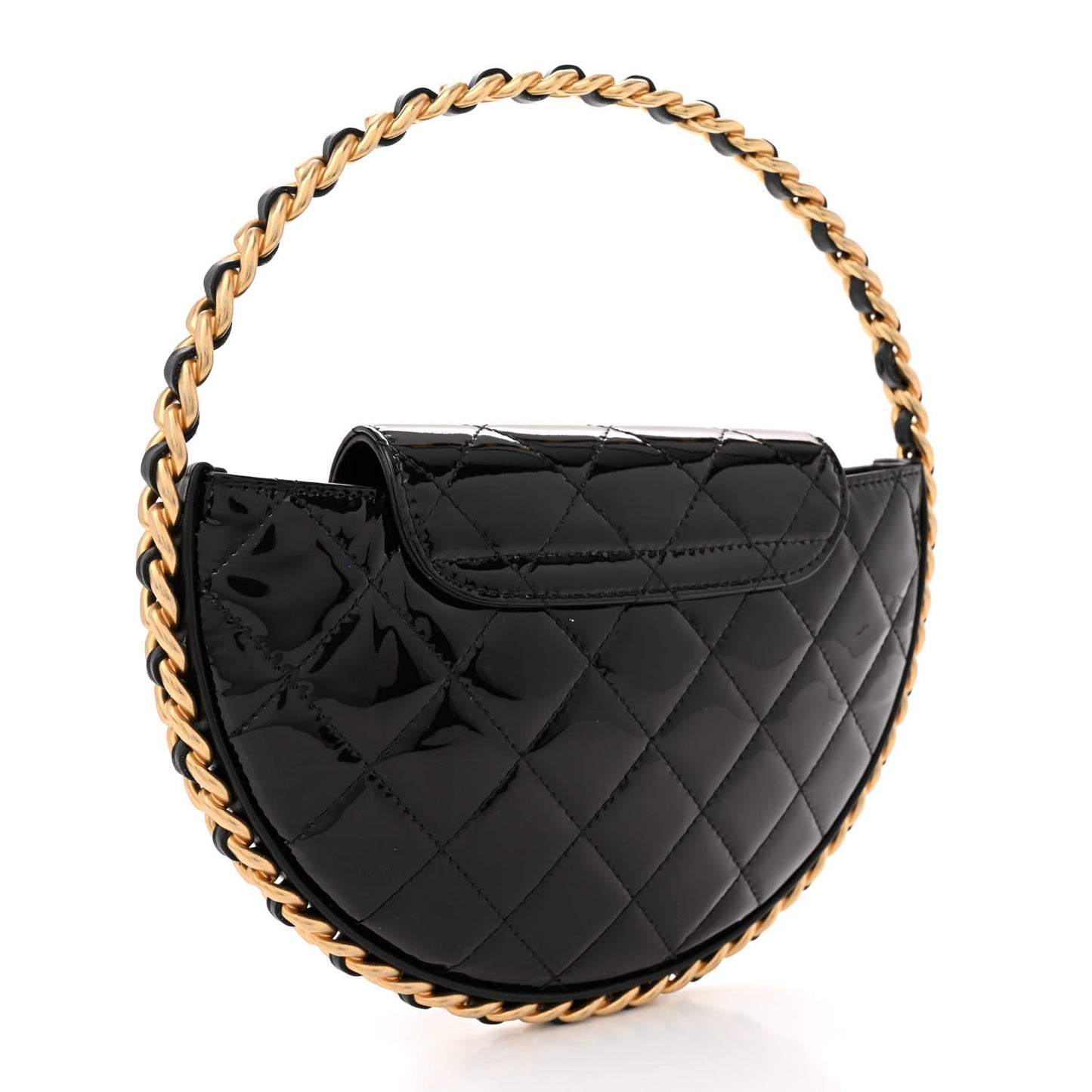 Patent Calfskin Quilted Chain Hoop Bag Black
