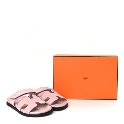 Hermes Suede Goatskin Womens Chypre Sandals 37 Rose Porcelaine 9 of 9