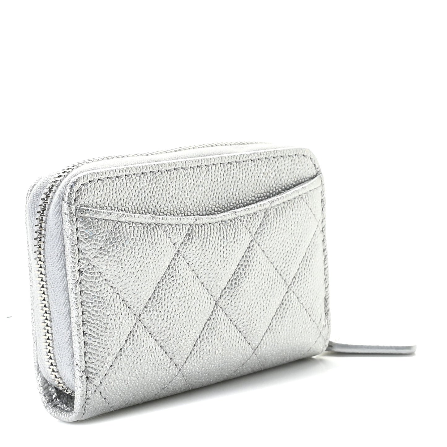 Glittered Metallic Caviar Quilted Zip Coin Purse Wallet Silver