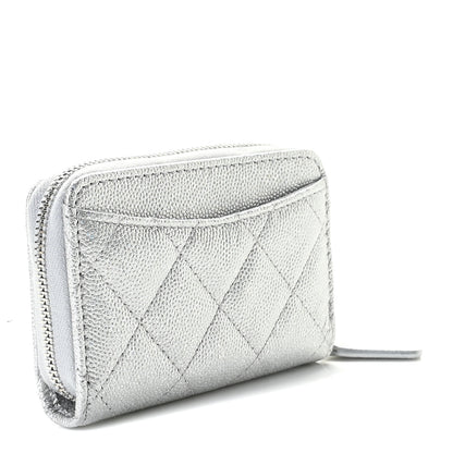 Chanel Glittered Metallic Caviar Quilted Zip Coin Purse Wallet Silver 2 of 8