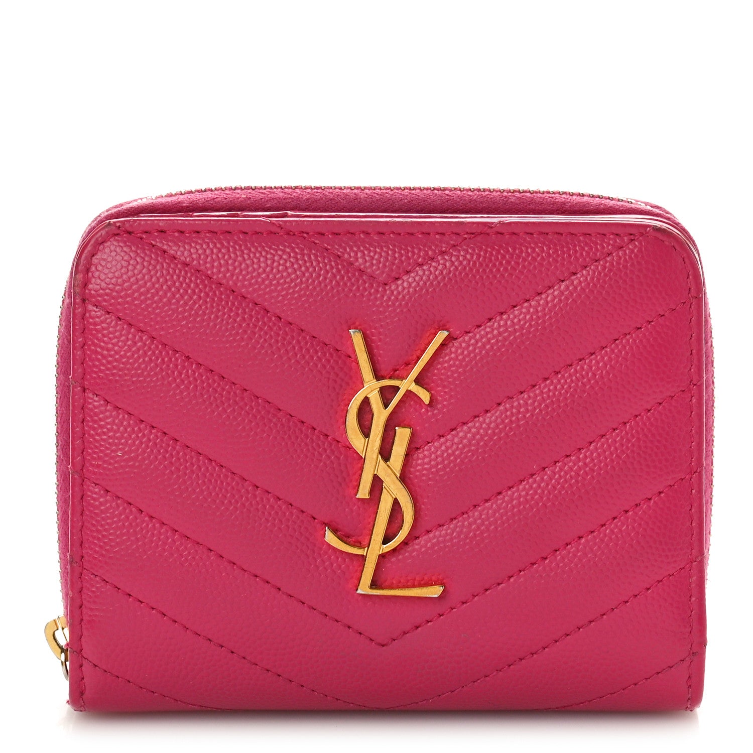 Saint Laurent Grain De Poudre Matelasse Chevron Monogram Compact Zip Around Wallet Fuxia Couture 1 of 10