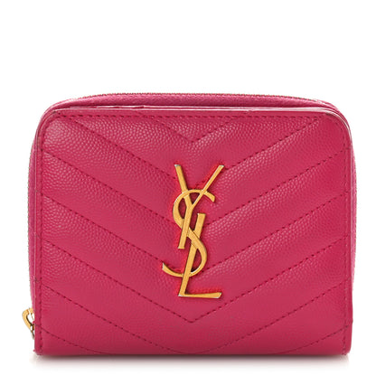 Saint Laurent Grain De Poudre Matelasse Chevron Monogram Compact Zip Around Wallet Fuxia Couture 1 of 10