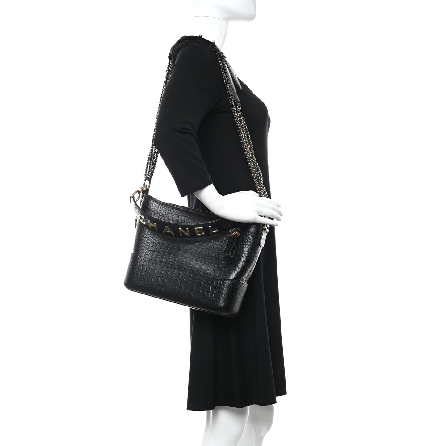 Crocodile Embossed Calfskin Medium Gabrielle Cocodile Hobo Black