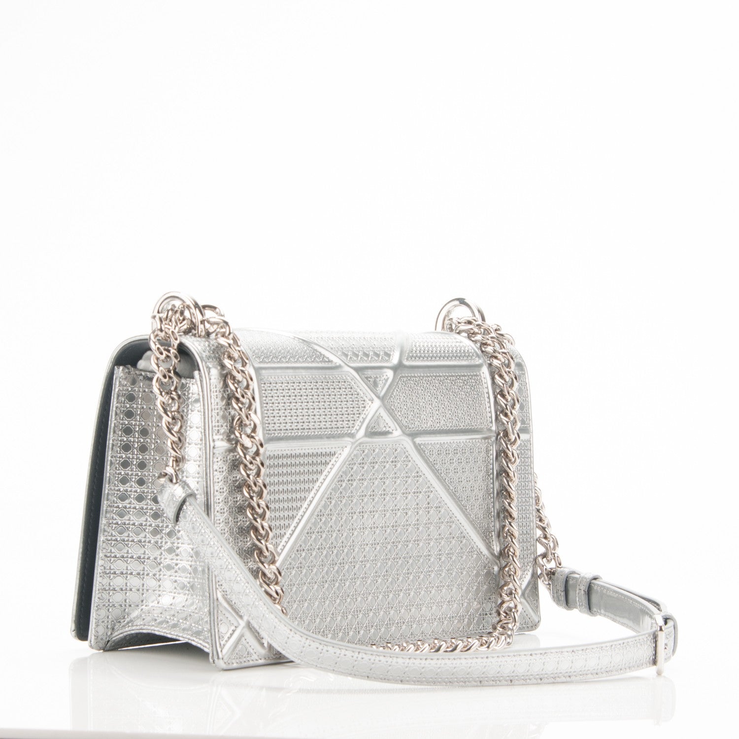 Christian Dior Metallic Patent Micro-Cannage Medium Diorama Flap Bag Silver 3 of 7