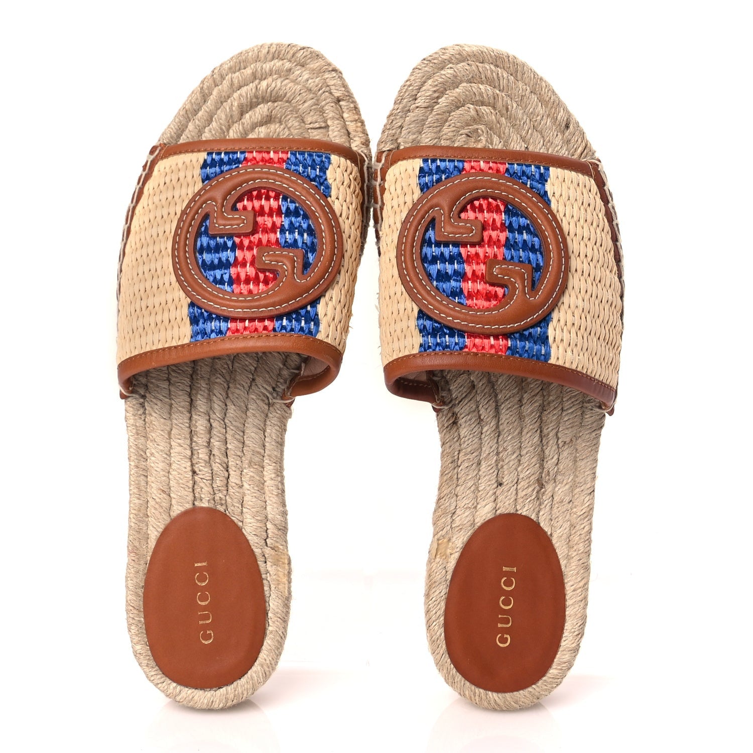 Gucci Raffia Interlocking G Flat Slide Espadrille Sandals 38.5 Harness Brown 2 of 9