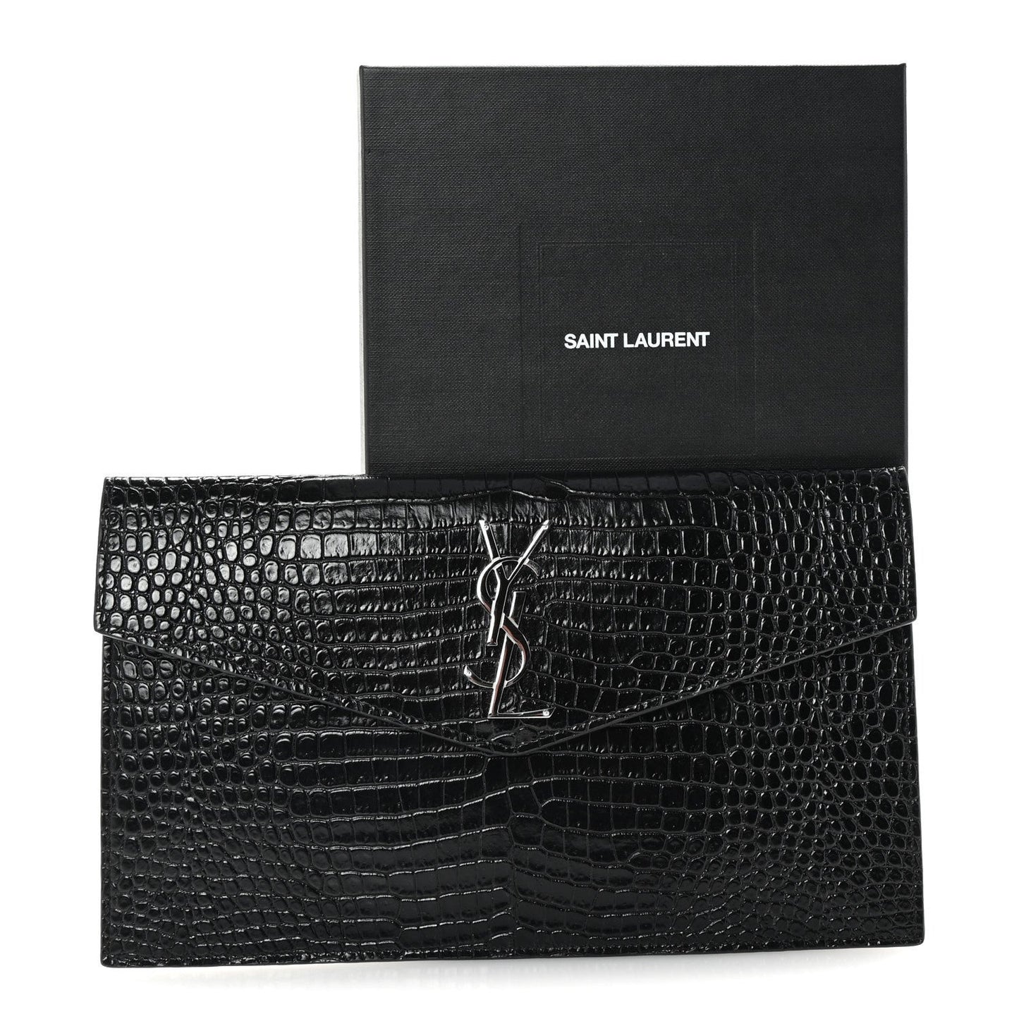 Calfskin Crocodile Embossed Uptown Monogram Clutch Black