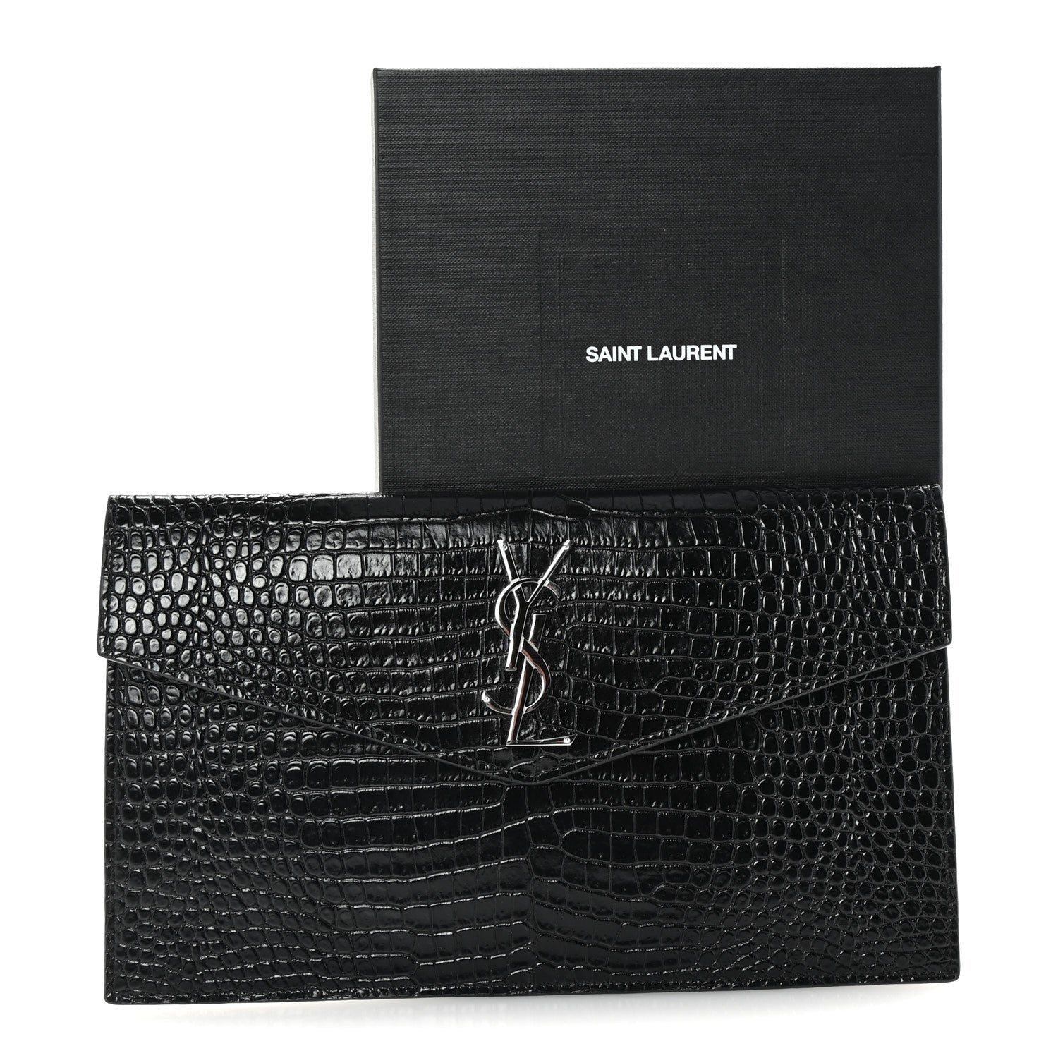 Saint Laurent Calfskin Crocodile Embossed Uptown Monogram Clutch Black 7 of 7