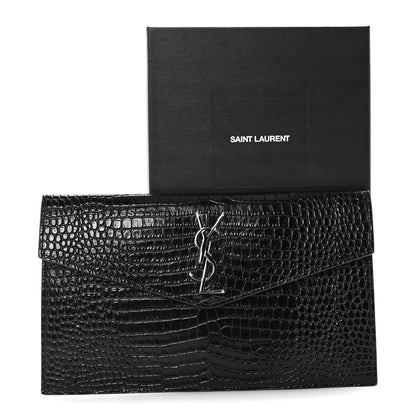 Saint Laurent Calfskin Crocodile Embossed Uptown Monogram Clutch Black 7 of 7