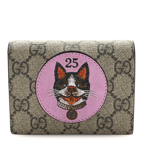GG Supreme Monogram Bosco Patch Card Case Wallet Beige Malva Hibiscus Red