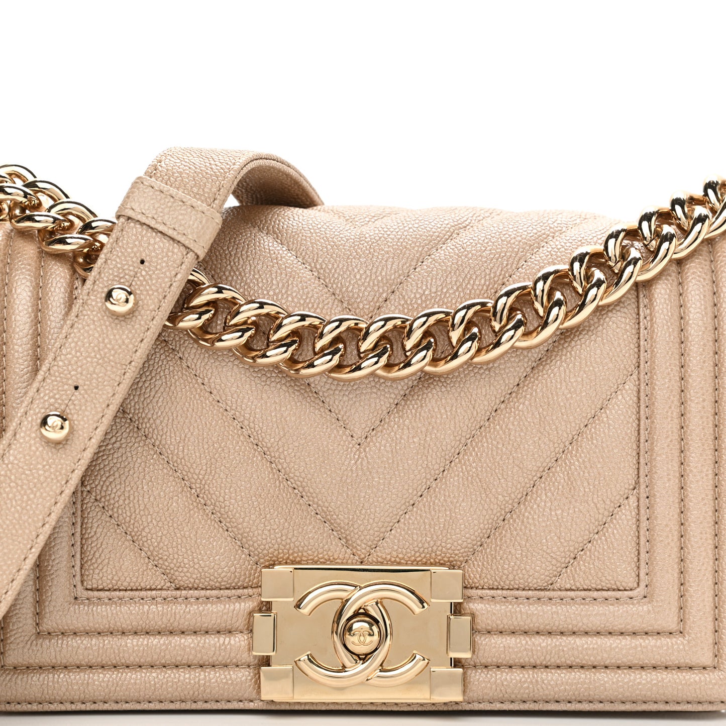 Iridescent Caviar Chevron Quilted Small Boy Flap Beige