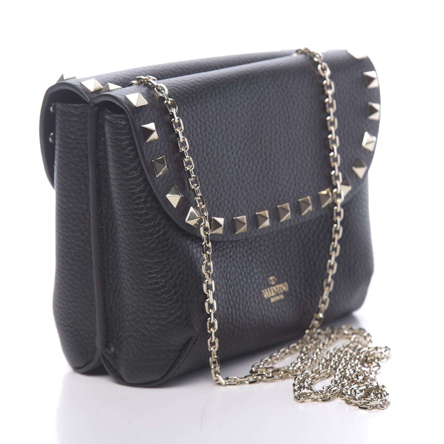 Pebbled Calfskin Rockstud Pouch On Chain Black