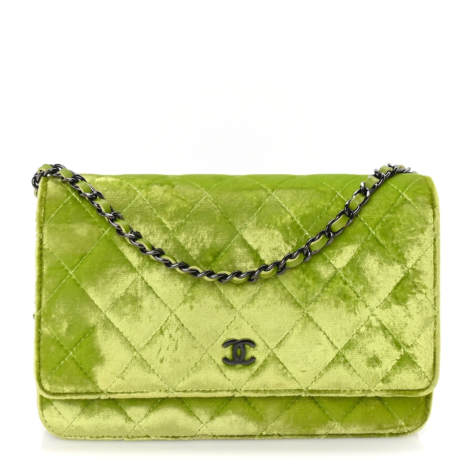 Chanel Velvet Quilted Wallet On Chain WOC Green 1 of 9
