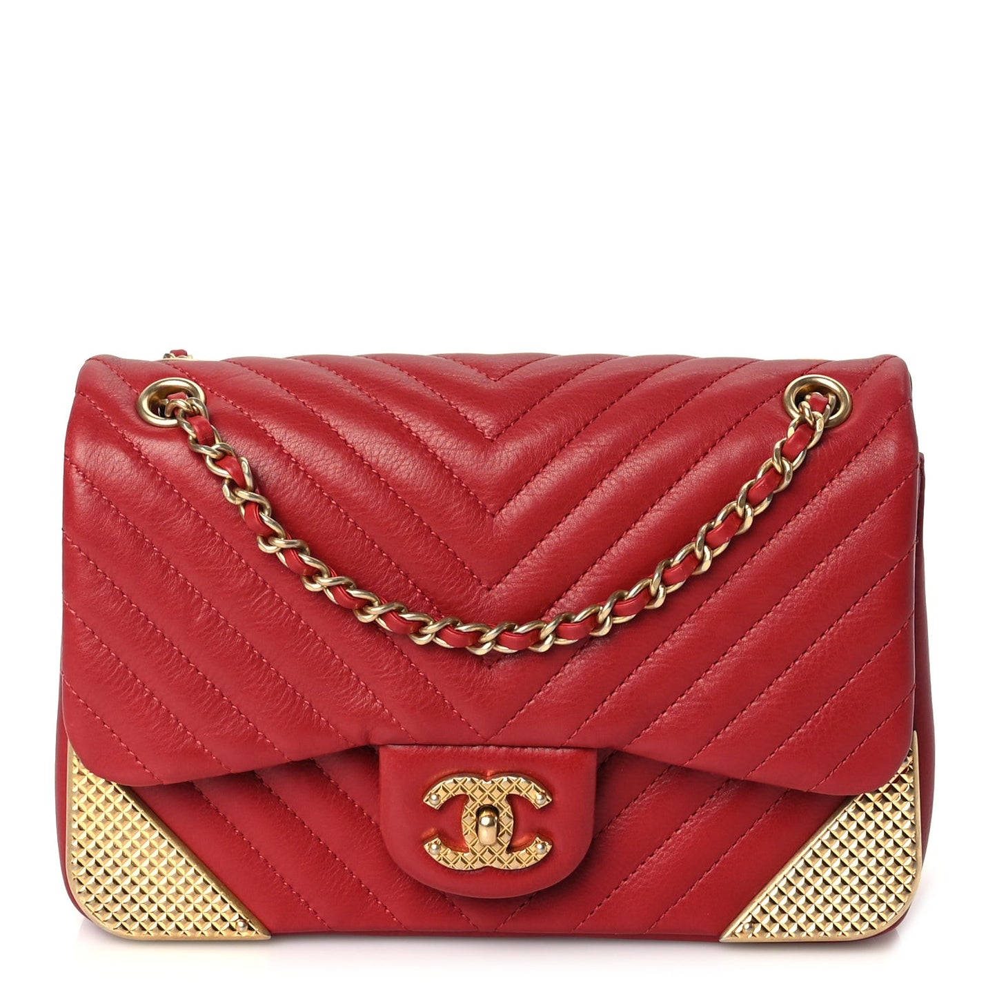 Calfskin Chevron Quilted Mini Rock The Corner Flap Red