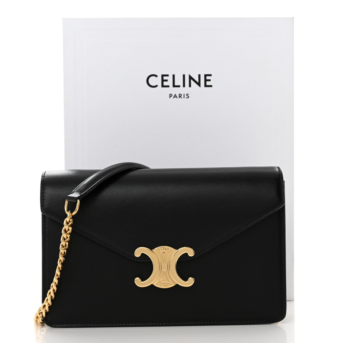 Shiny Calfskin Triomphe Margo Wallet on Chain Black