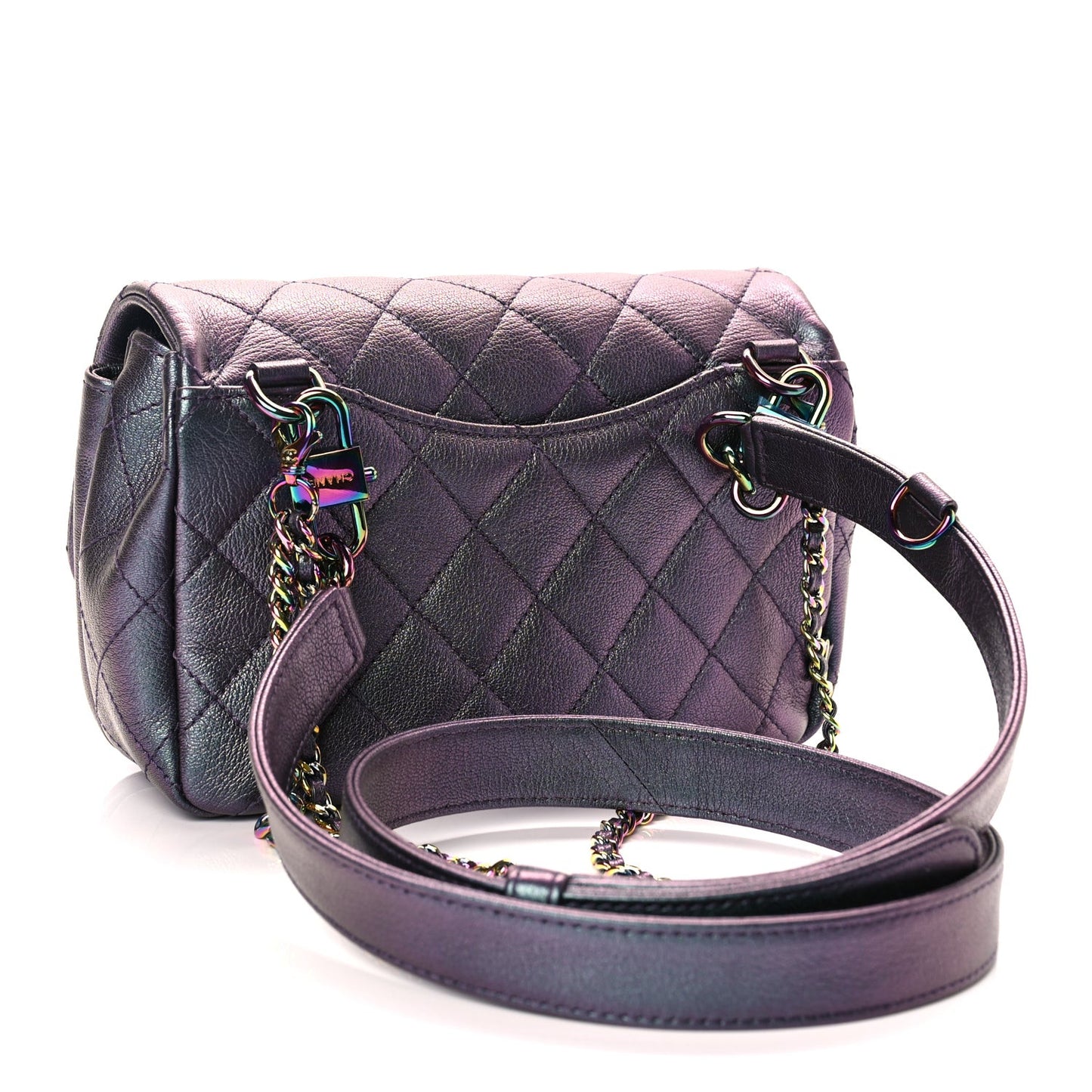 Iridescent Goatskin Quilted Small Double Carry Waist Chain Flap Purple
