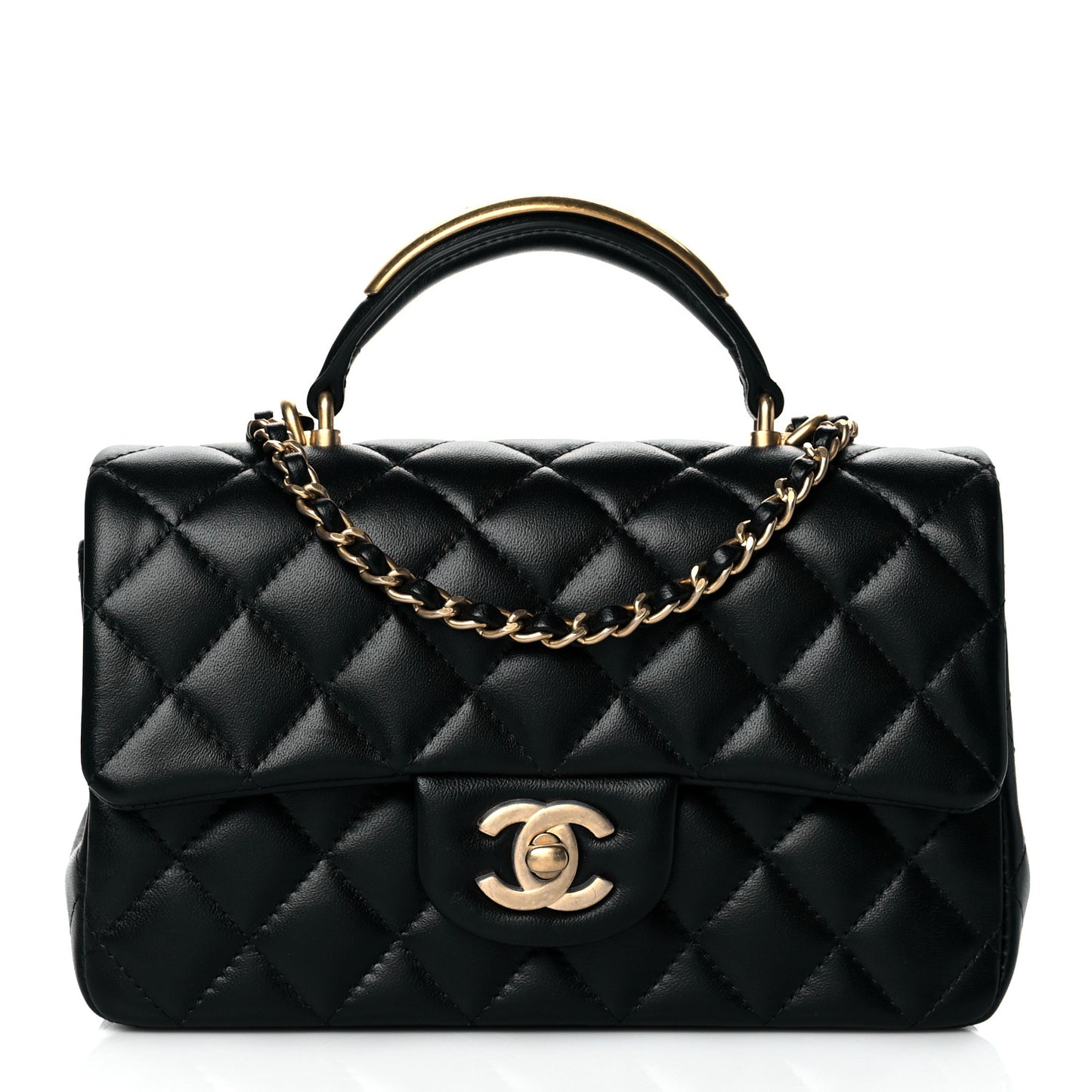 Lambskin Quilted Metal Mini Top Handle Rectangular Flap Black