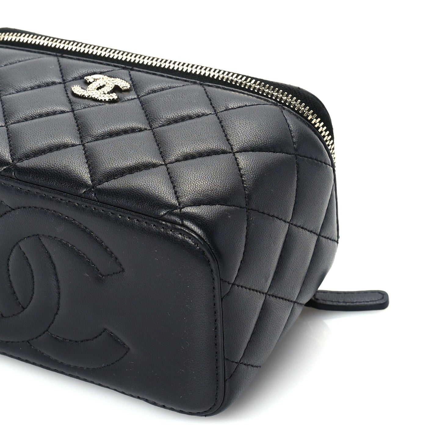 Lambskin Crystal Quilted Trendy Small Top Handle Vanity Case With Chain Black