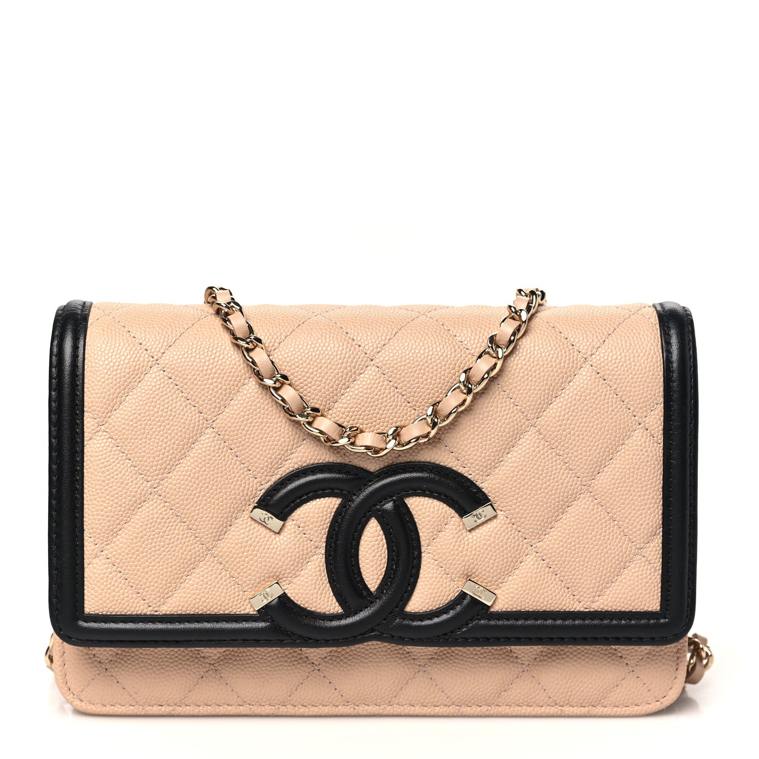 Chanel Caviar Quilted CC Filigree Wallet On Chain WOC Beige Black 1 of 12