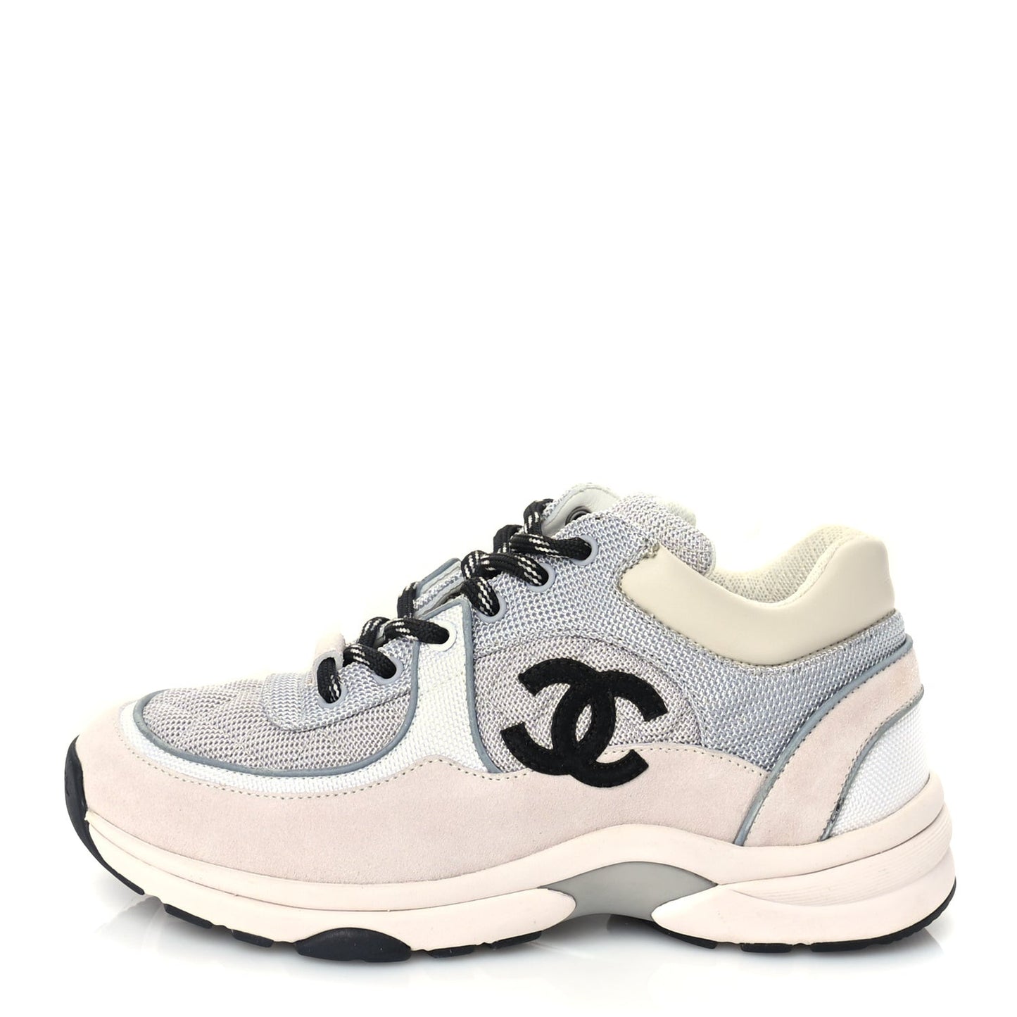 Mesh Suede Calfskin Grained Calfskin Womens CC Sneakers 37 Grey White