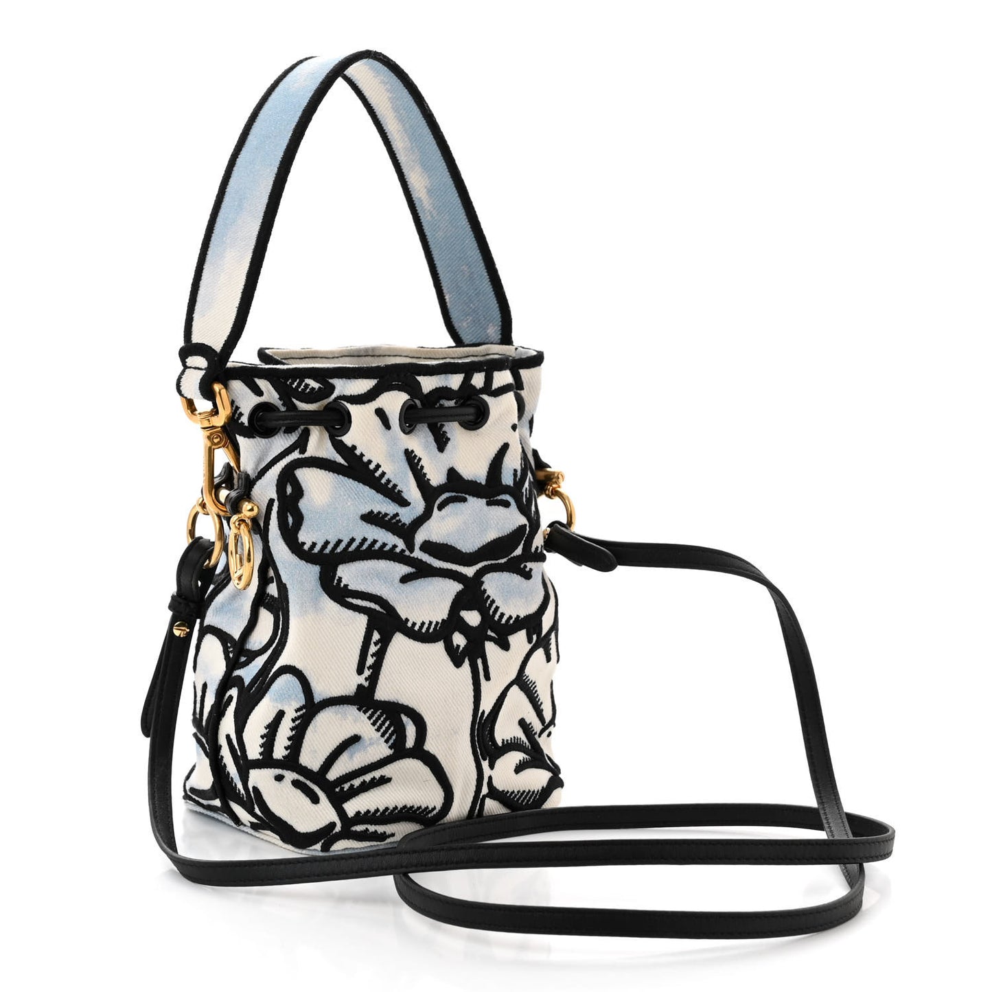 X JOSHUA VIDES Fabric Flower Clouds Embroidered Mini Mon Tresor Bucket Bag White Celeste Black