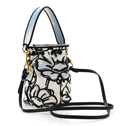 Fendi X JOSHUA VIDES Fabric Flower Clouds Embroidered Mini Mon Tresor Bucket Bag White Celeste Black 3 of 10