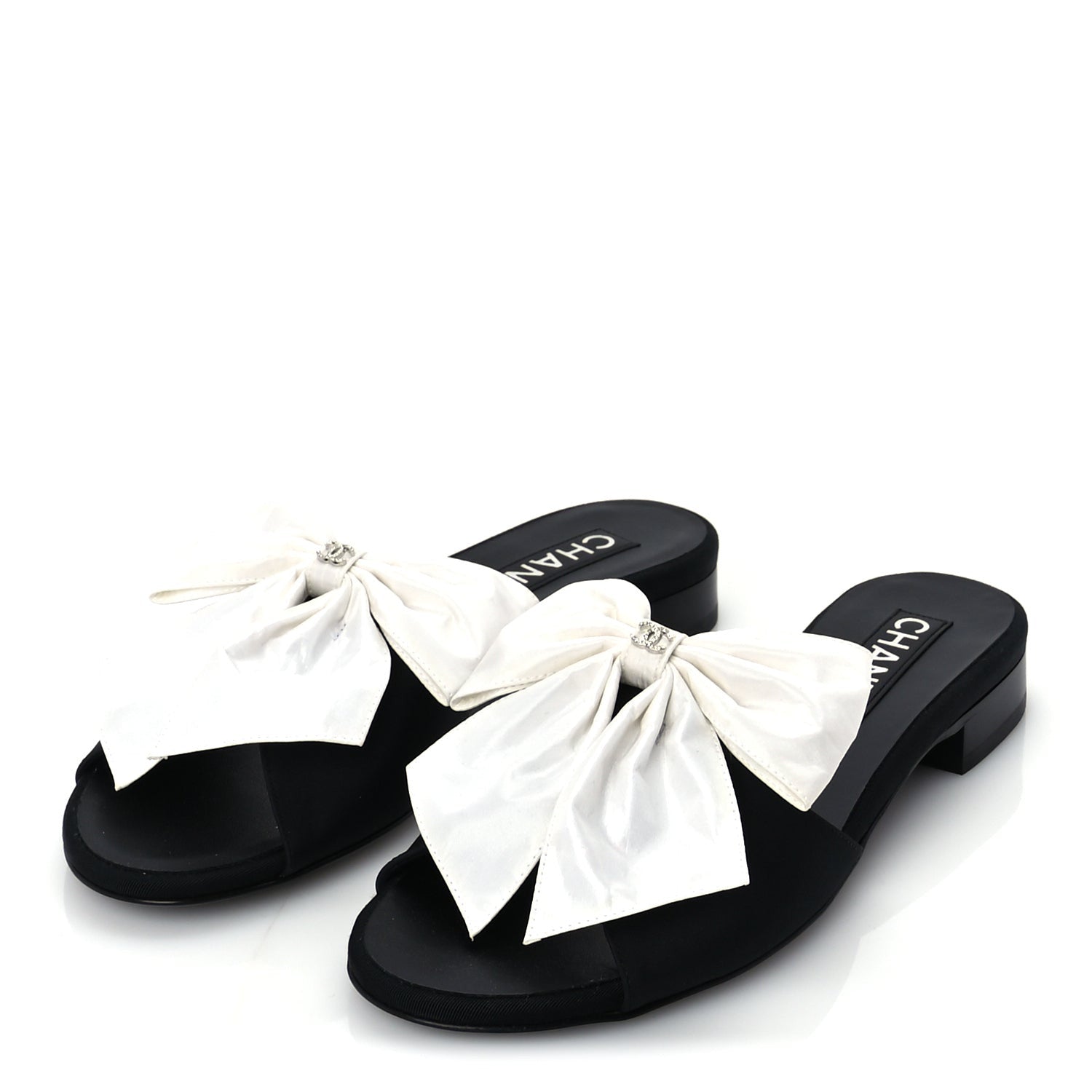 Chanel Silk Bow CC Mules 37  Black White 3 of 9