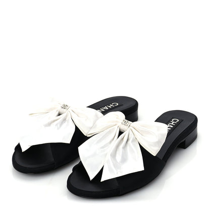 Chanel Silk Bow CC Mules 37  Black White 3 of 9