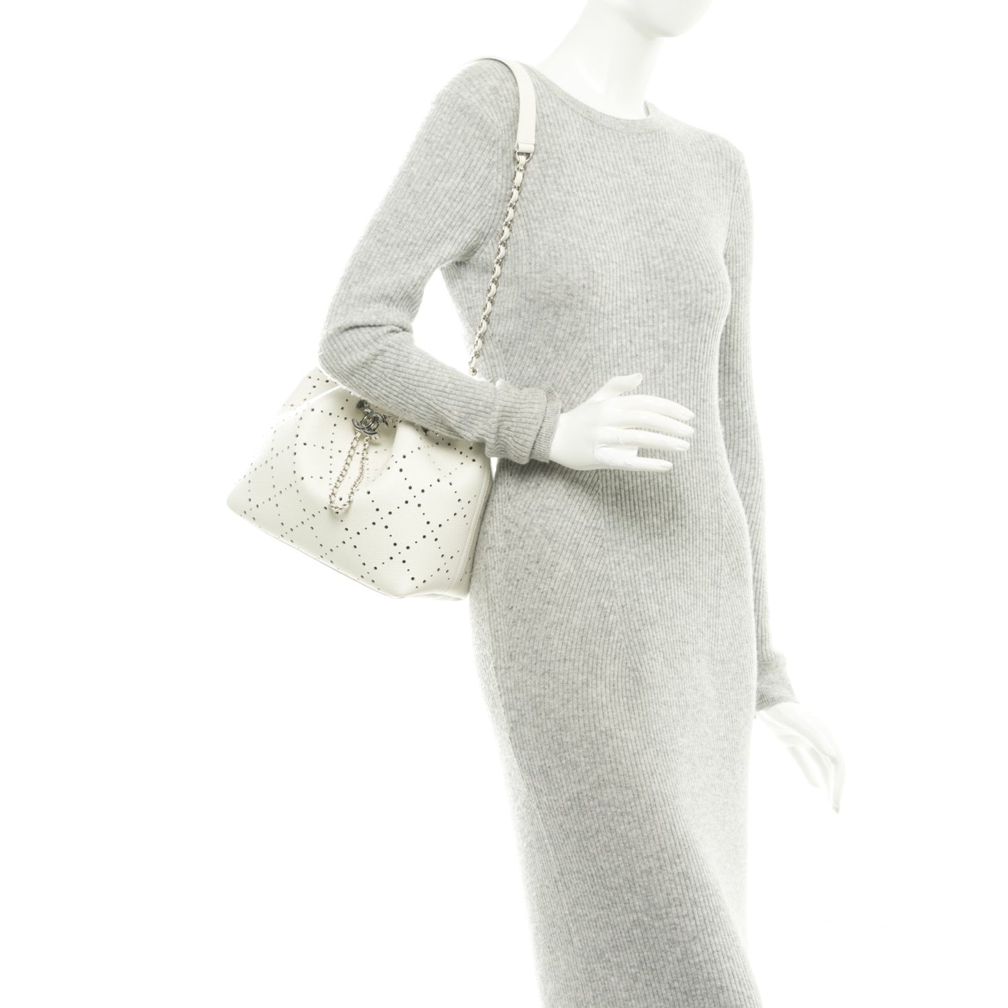 Caviar Perforated Drawstring CC Bag White