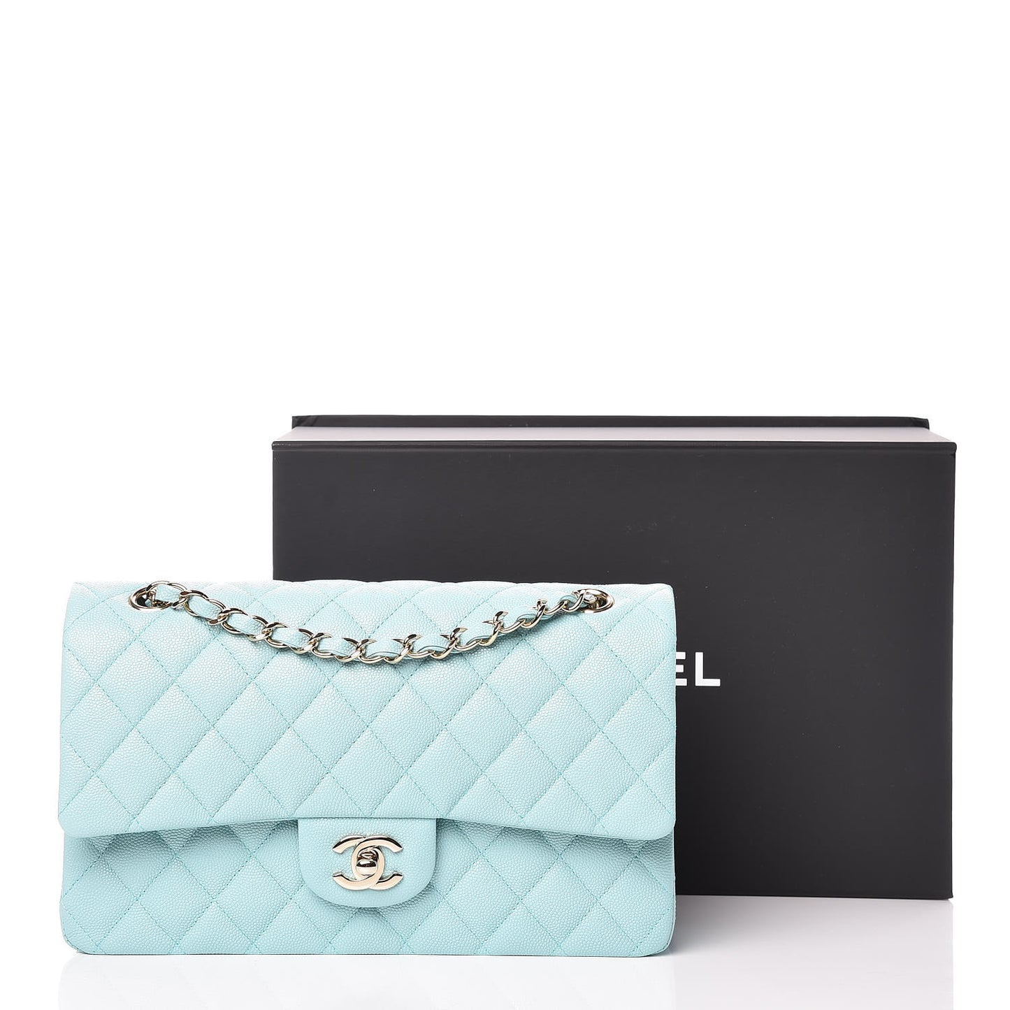 Caviar Quilted Medium Double Flap Light Blue