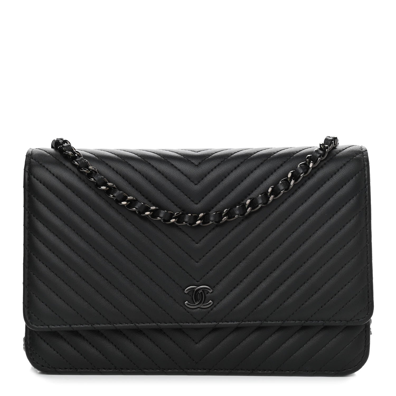 Chanel Lambskin Chevron Quilted Wallet On Chain WOC So Black 1 of 14