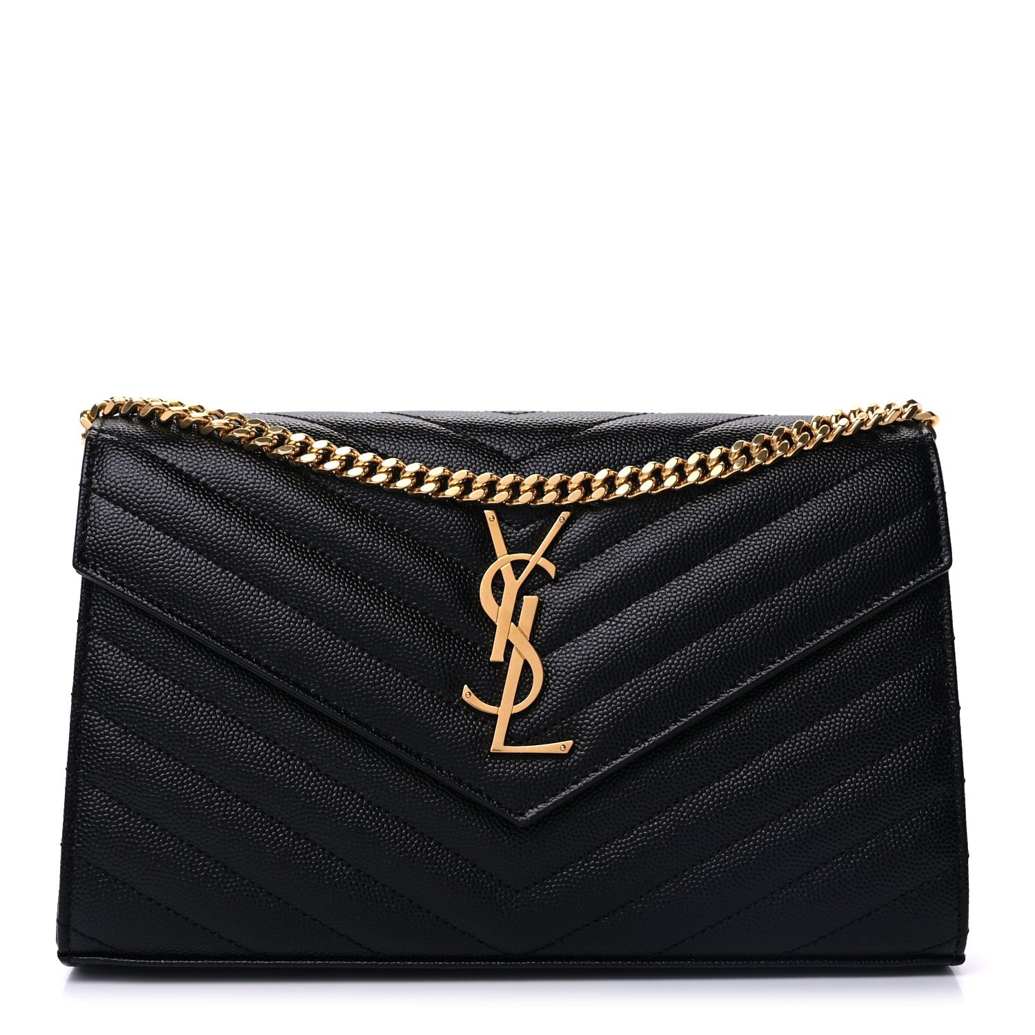 Saint Laurent Grain De Poudre Matelasse Chevron Cassandre Chain Wallet Black 1 of 8