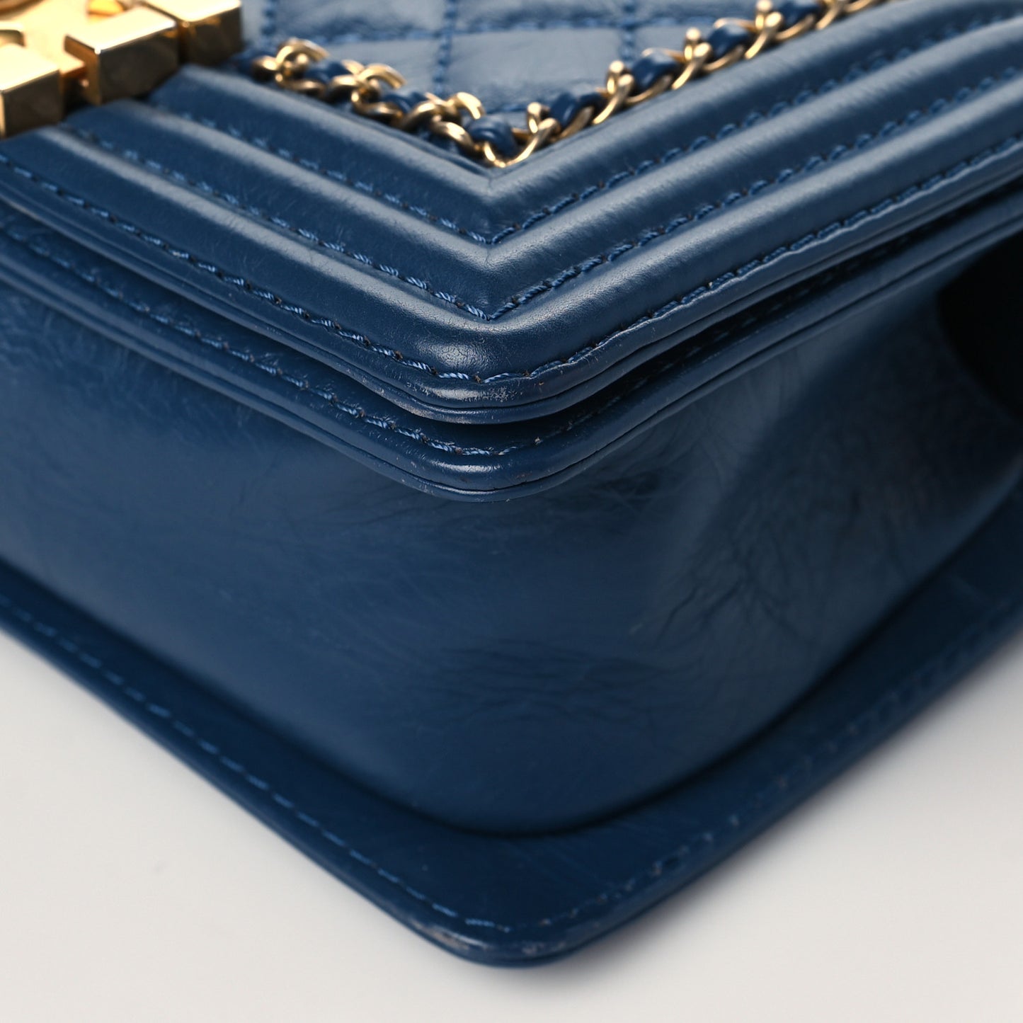 Aged Calfskin Quilted Small Jacket Boy Flap Navy