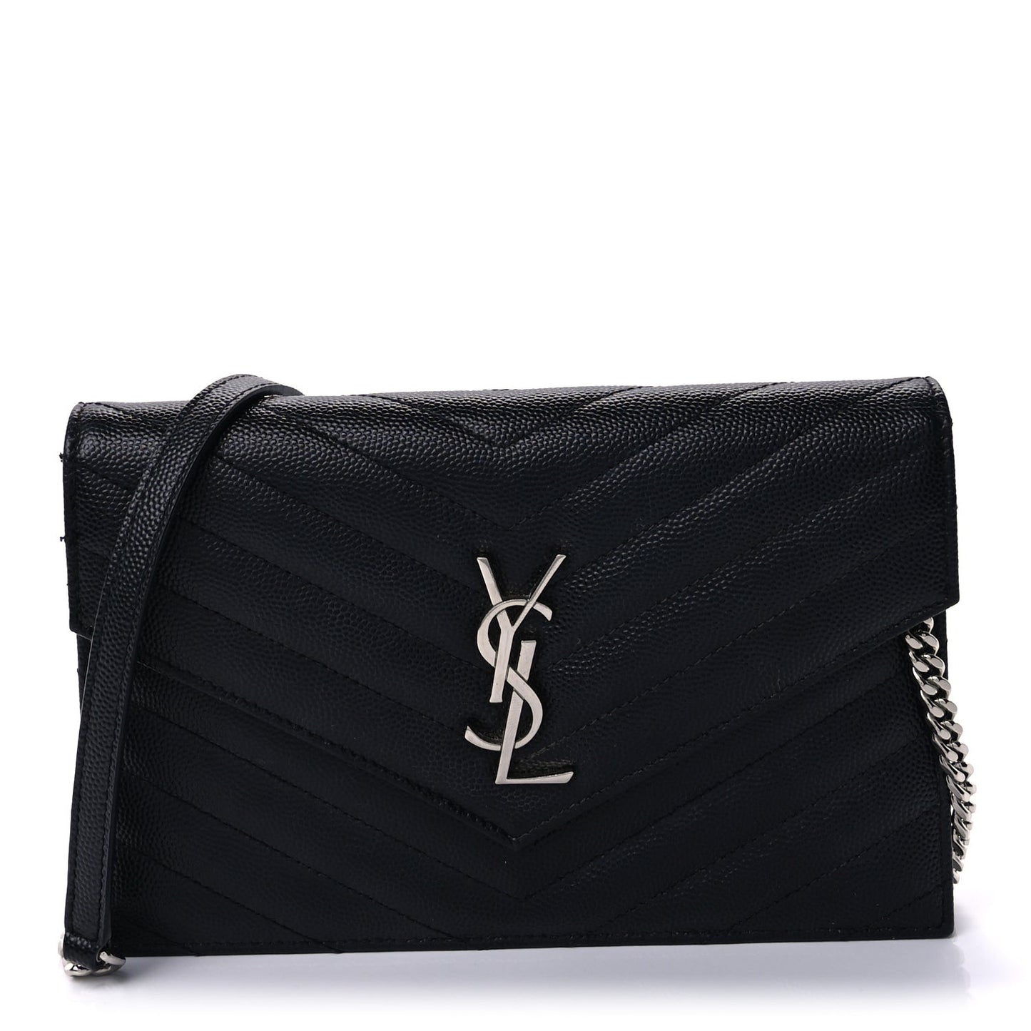 Grain De Poudre Matelasse Chevron Monogram Envelope Chain Wallet Black