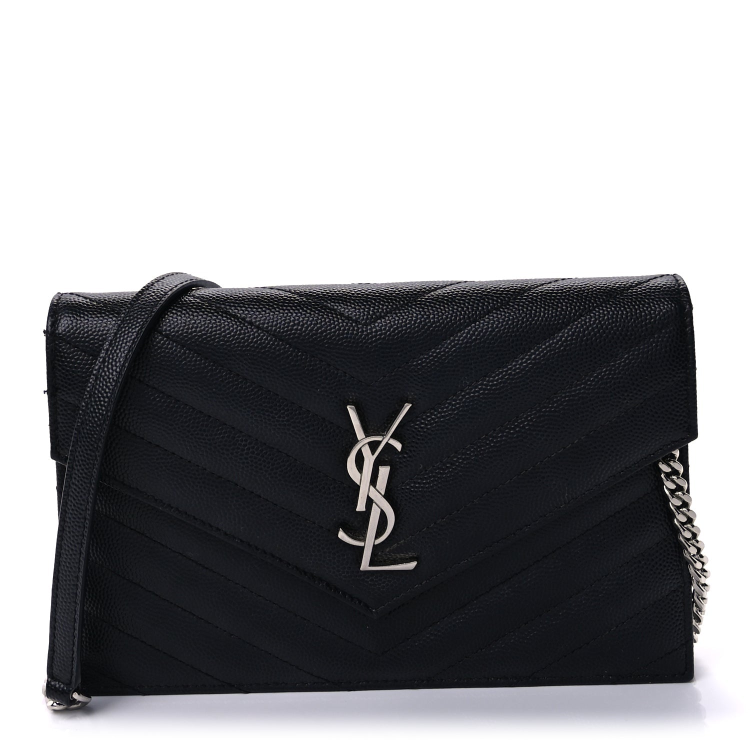 Saint Laurent Grain De Poudre Matelasse Chevron Monogram Envelope Chain Wallet Black 1 of 7